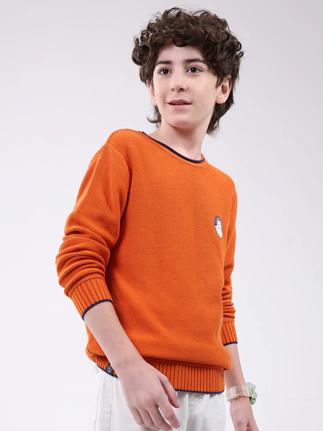 Boys Orange Solid Round Neck Full Sleeve Pullover - Image 4