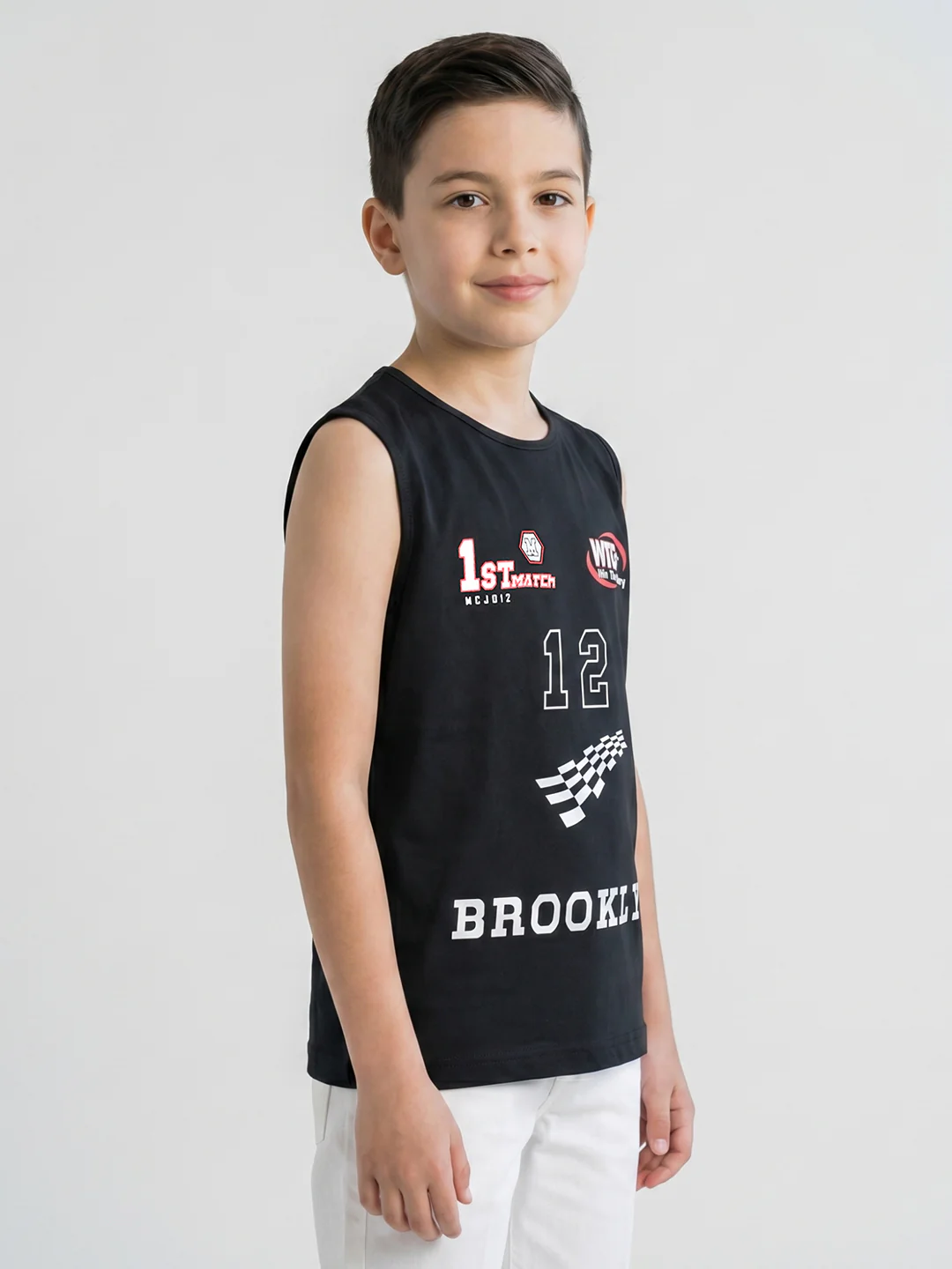 Boys Peach & Black Printed Round Neck Sleeveless T-Shirt (Pack of 2) - Image 3