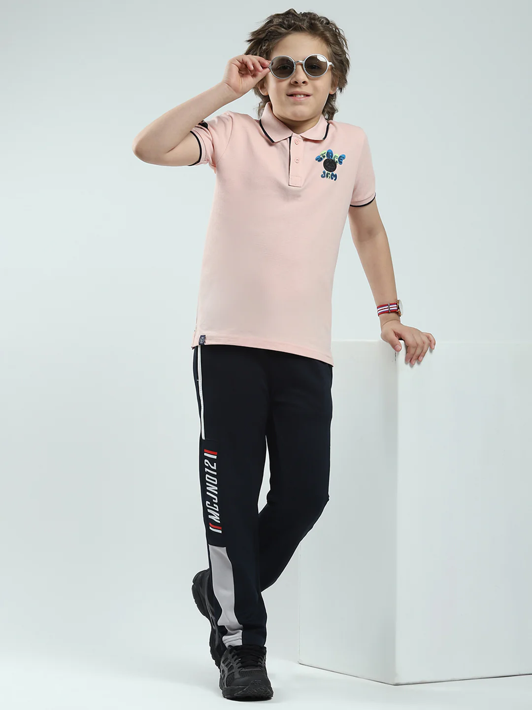 Boys Peach Printed Collar Half Sleeve T-Shirt - Image 2