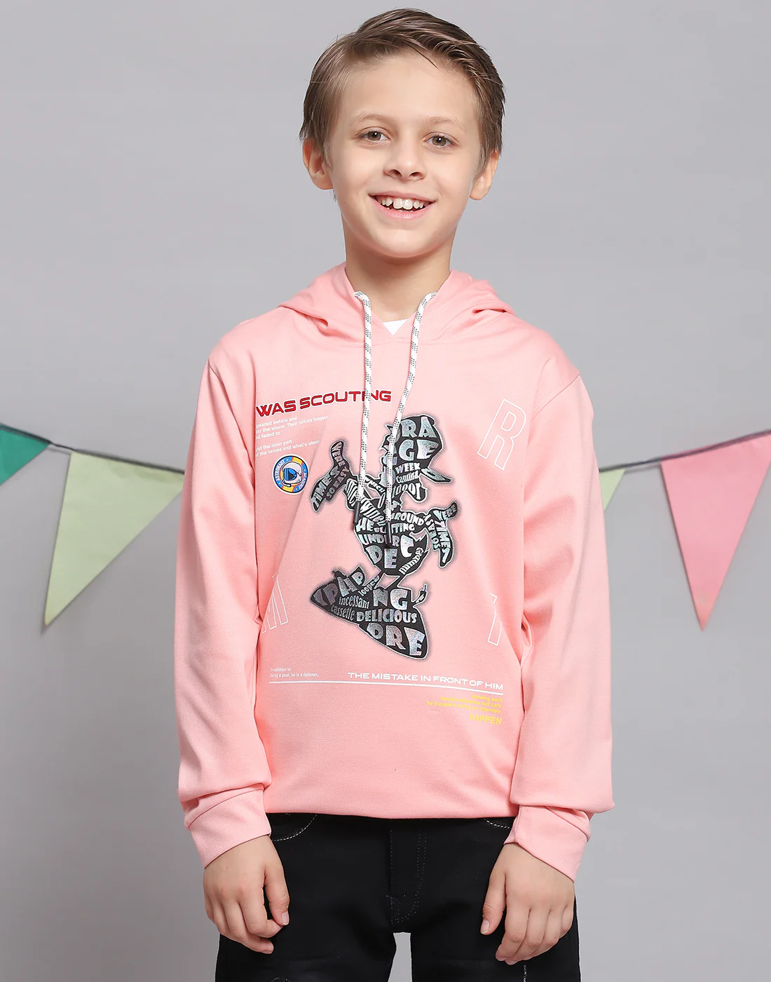 Boys Peach Printed Hooded Full Sleeve T-Shirts - Image 2