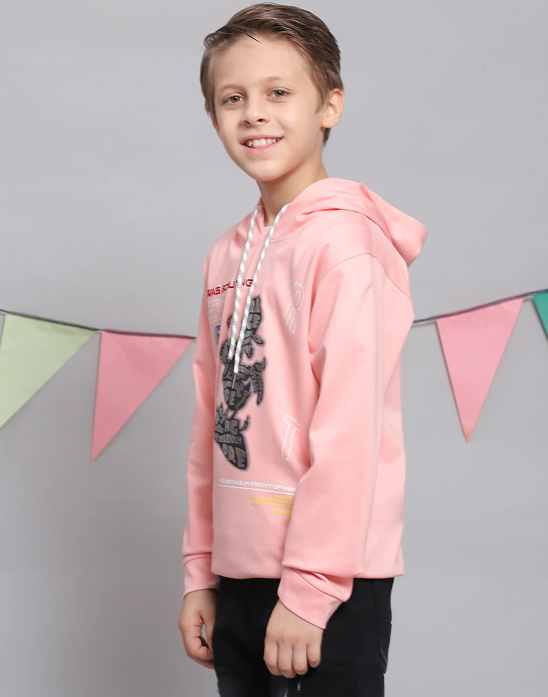 Boys Peach Printed Hooded Full Sleeve T-Shirts - Image 3