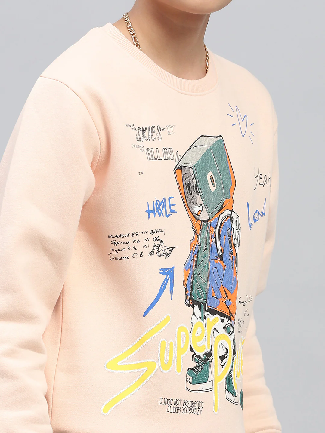 Boys Peach Printed Round Neck Full Sleeve Sweatshirt - Image 6