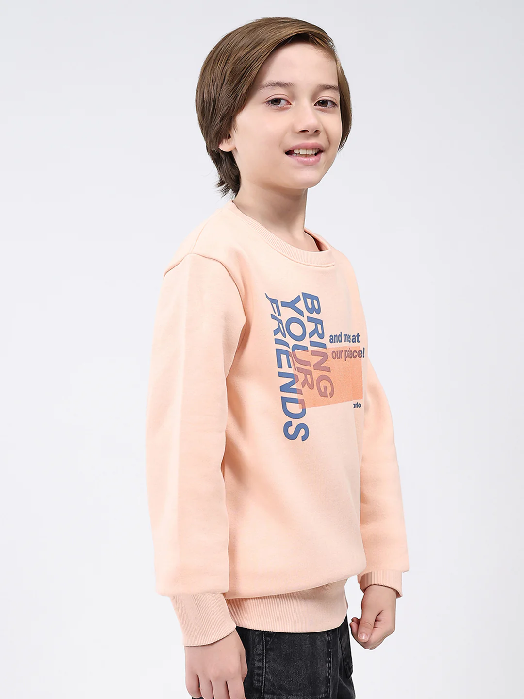 Boys Peach Printed Round Neck Full Sleeve Sweatshirt - Image 4