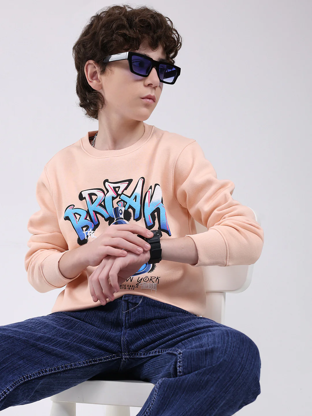 Boys Peach Printed Round Neck Full Sleeve Sweatshirt - Image 6