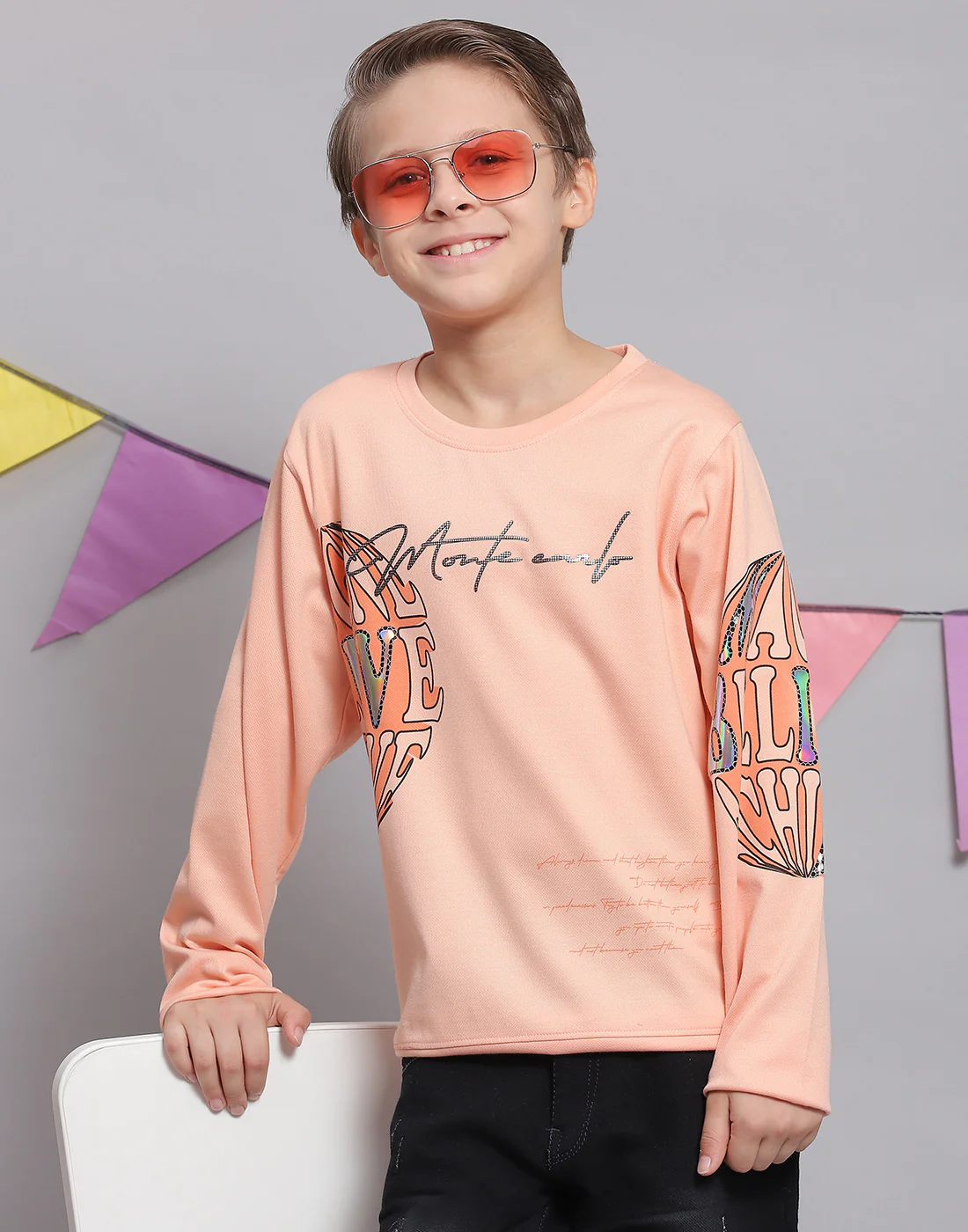 Boys Peach Printed Round Neck Full Sleeve T-Shirts - Image 2