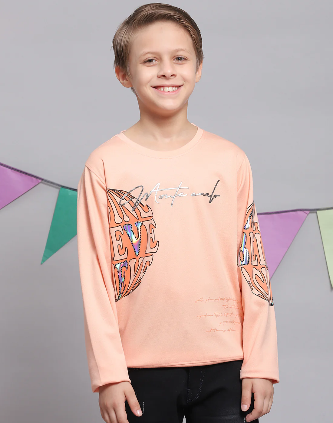 Boys Peach Printed Round Neck Full Sleeve T-Shirts - Image 3