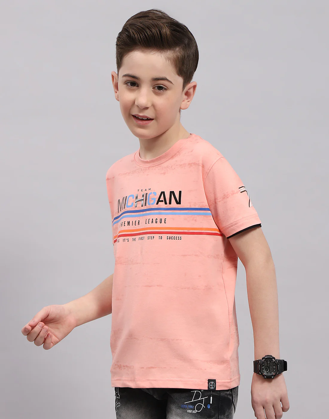 Boys Peach Printed Round Neck Half Sleeve T-Shirt - Image 3