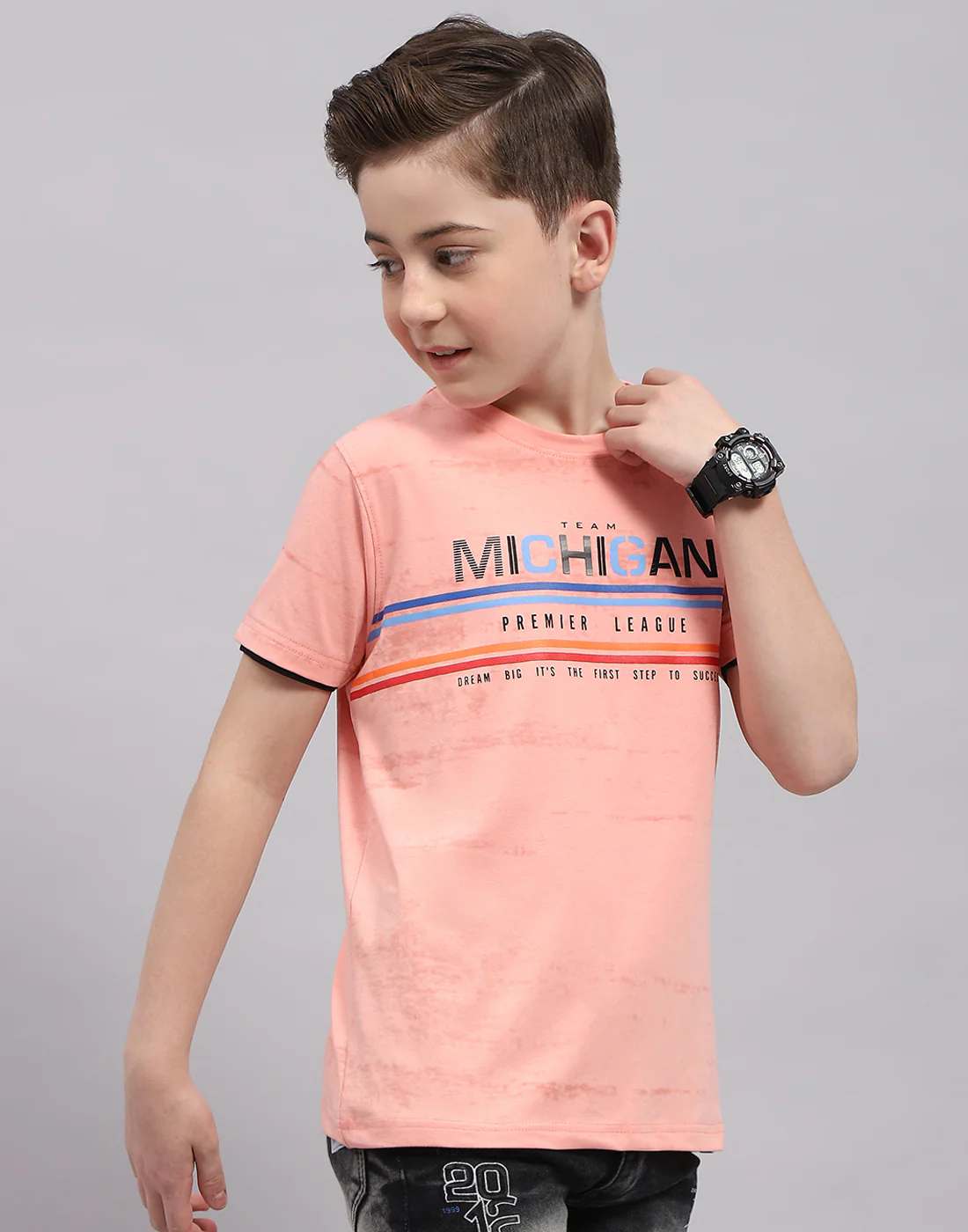Boys Peach Printed Round Neck Half Sleeve T-Shirt - Image 4