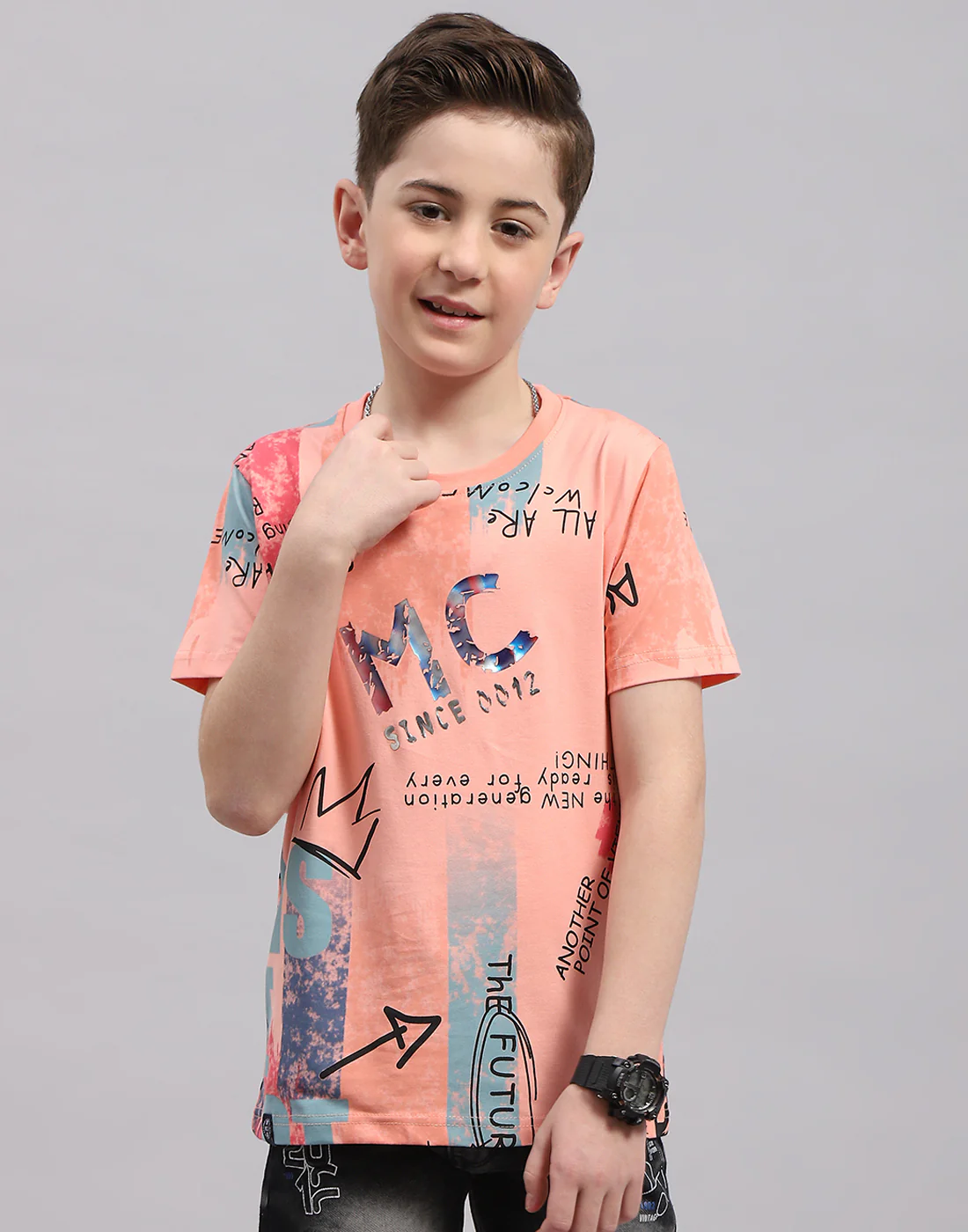 Boys Peach Printed Round Neck Half Sleeve T-Shirt - Image 2