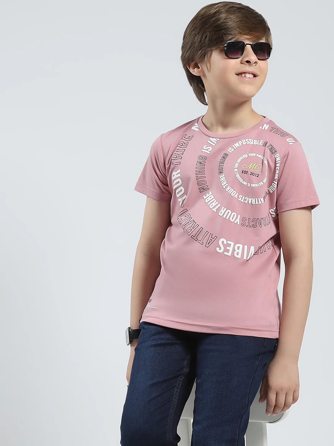 Boys Peach Printed Round Neck Half Sleeve T-Shirt - Image 6