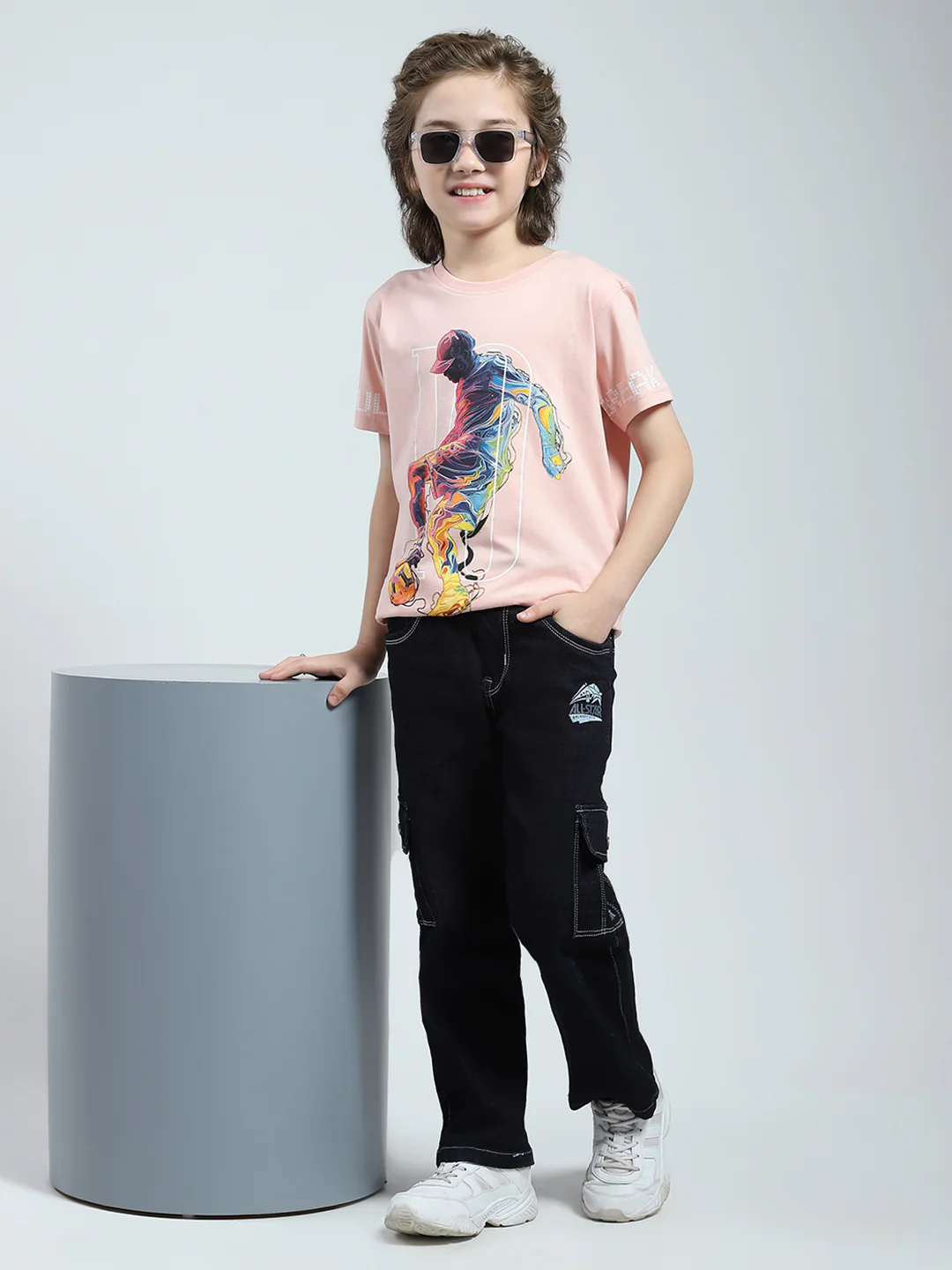 Boys Peach Printed Round Neck Half Sleeve T-Shirt - Image 2