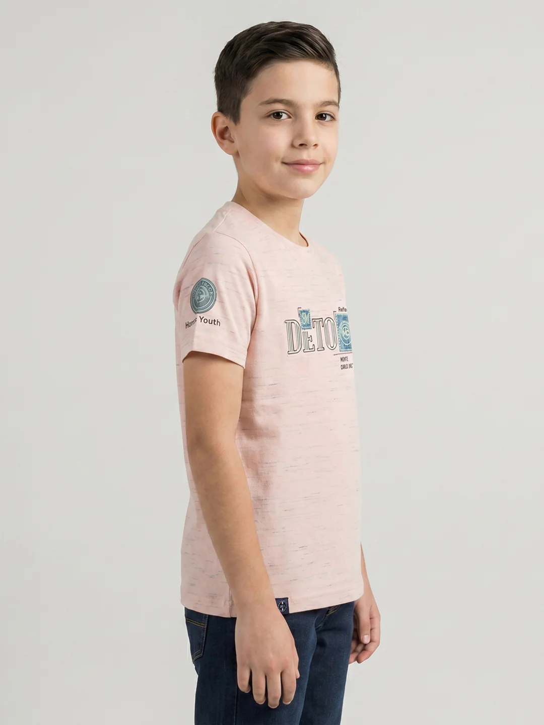 Boys Peach Printed Round Neck Half Sleeve T-Shirt - Image 2