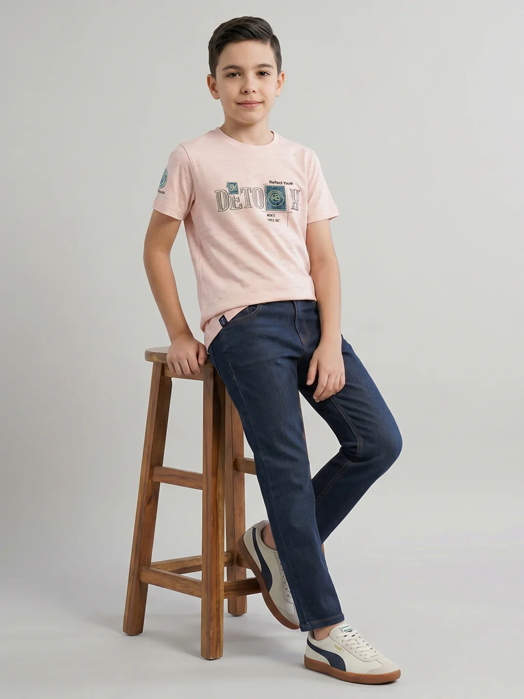 Boys Peach Printed Round Neck Half Sleeve T-Shirt - Image 5
