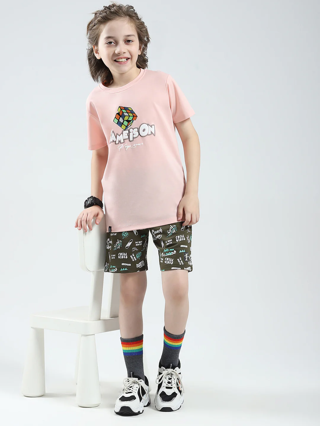Boys Peach Printed Round Neck Half Sleeve T-Shirt - Image 2