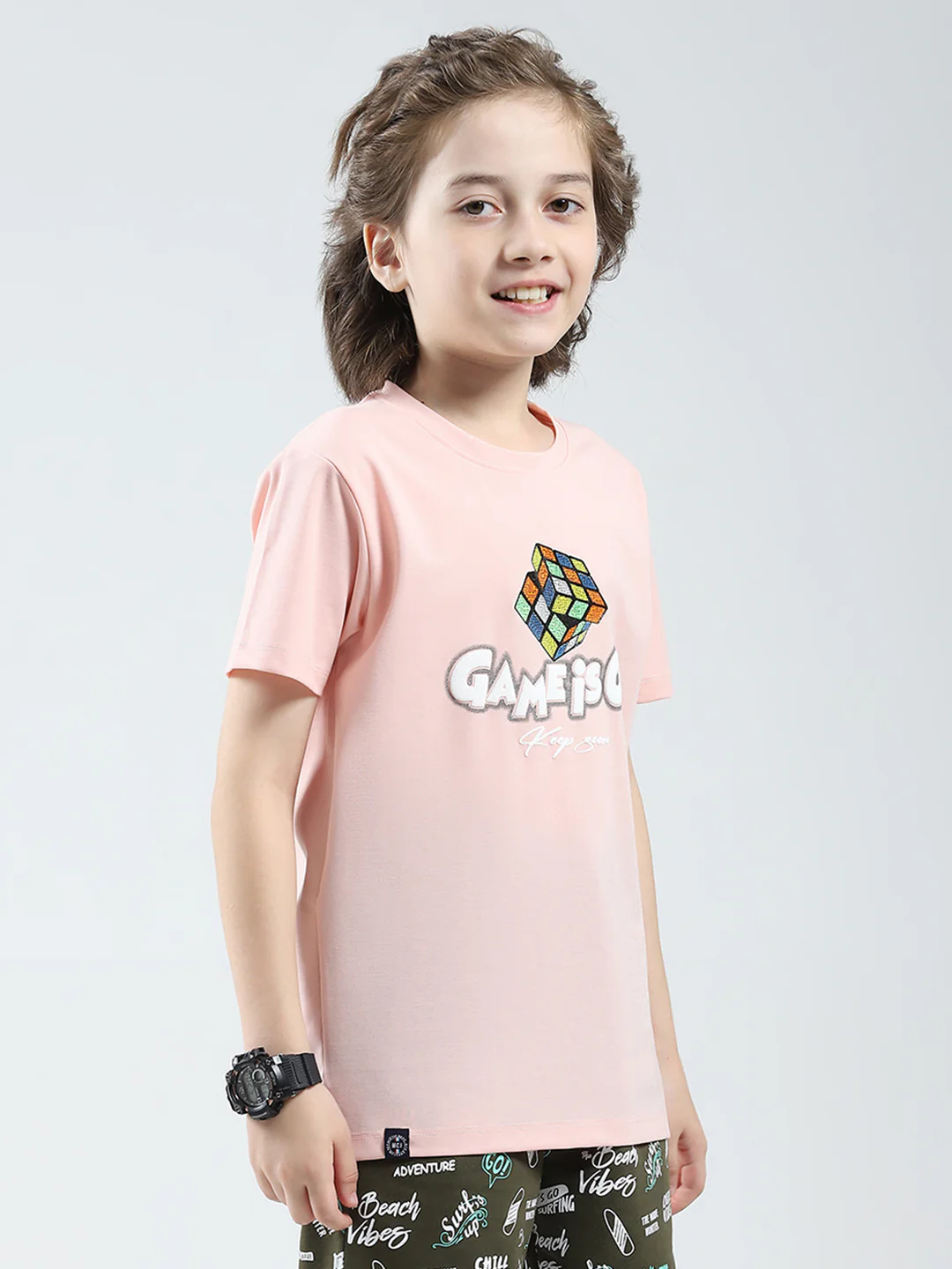 Boys Peach Printed Round Neck Half Sleeve T-Shirt - Image 4