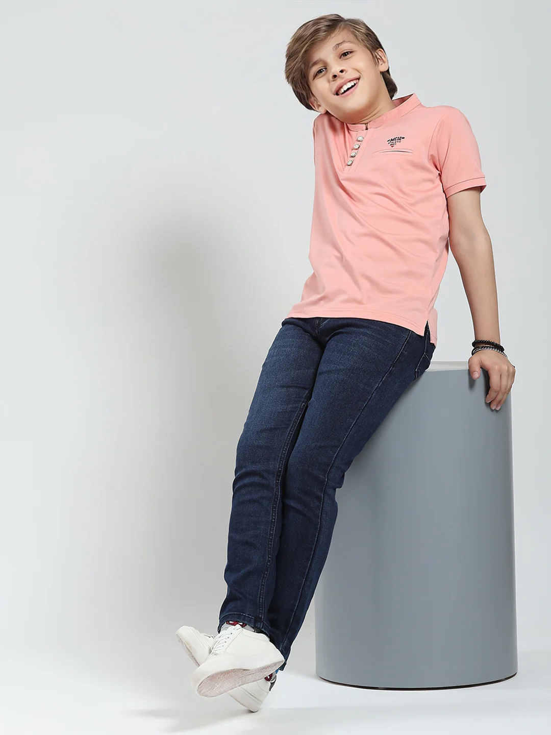 Boys Peach Solid Band Collar Half Sleeve T-Shirt - Image 2