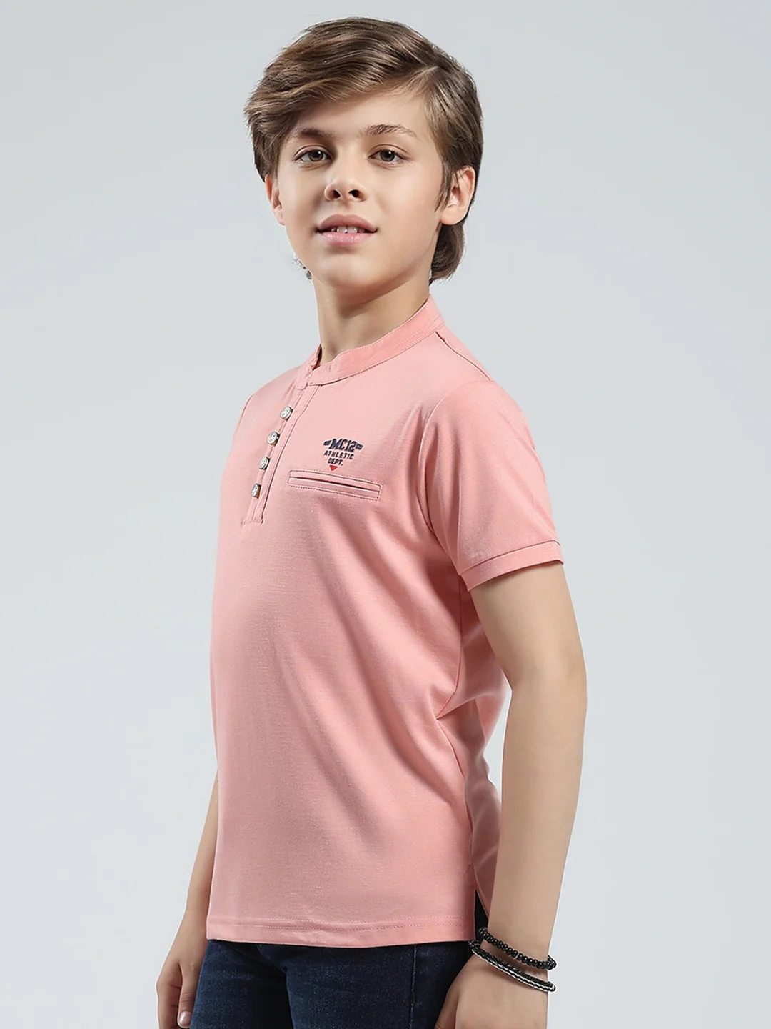 Boys Peach Solid Band Collar Half Sleeve T-Shirt - Image 3