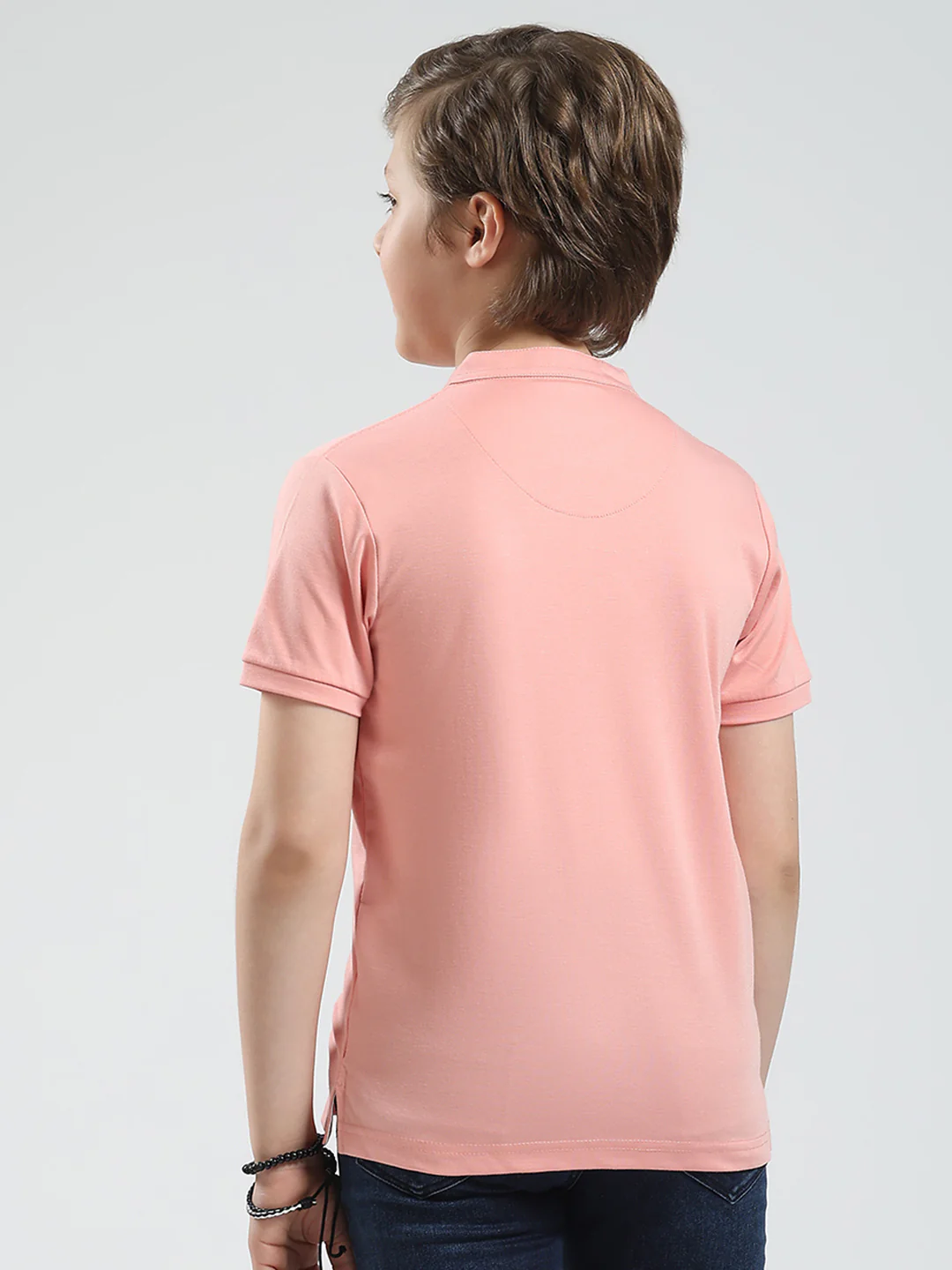 Boys Peach Solid Band Collar Half Sleeve T-Shirt - Image 5