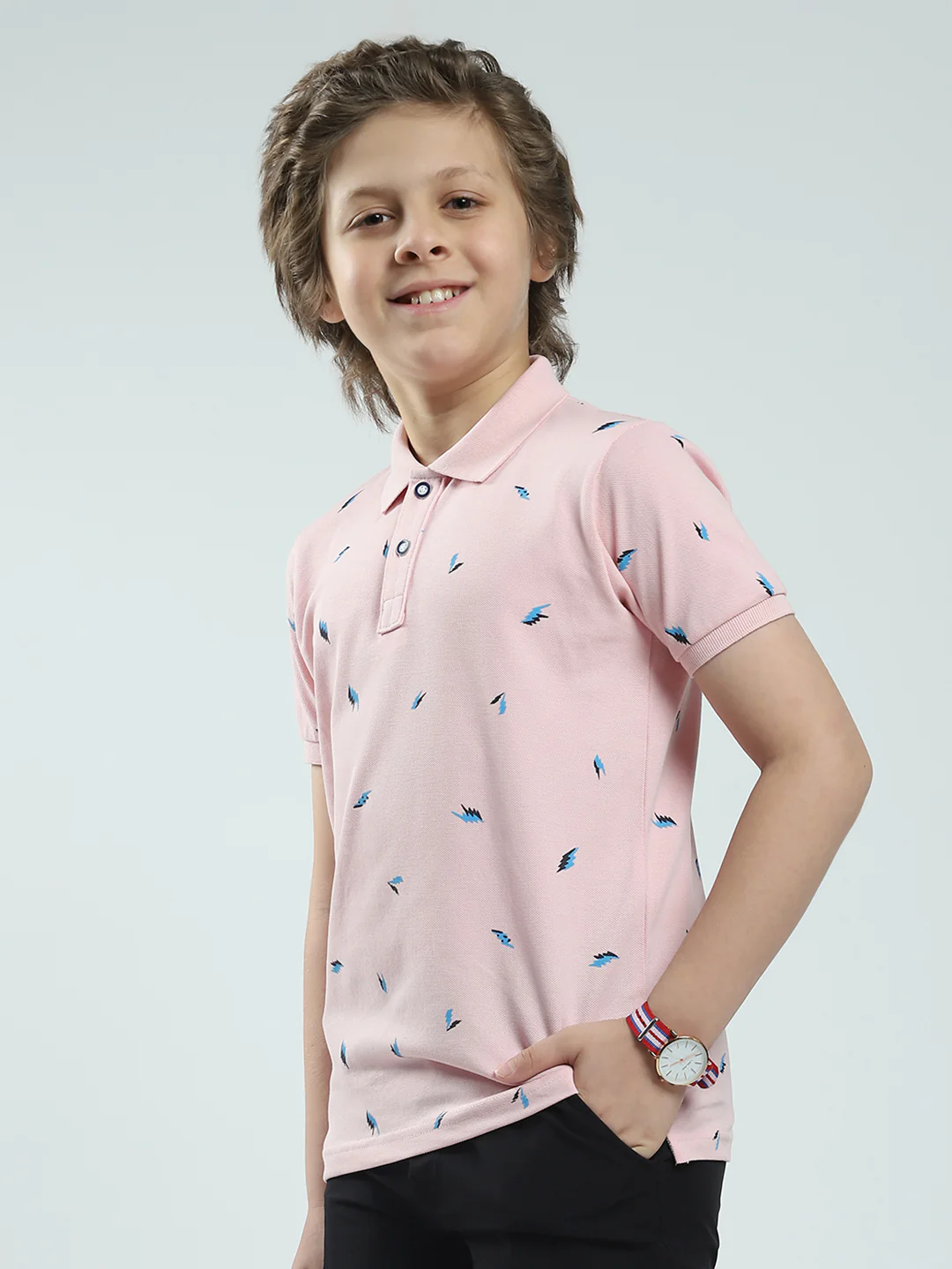 Boys Pink Printed Collar Half Sleeve T-Shirt - Image 3