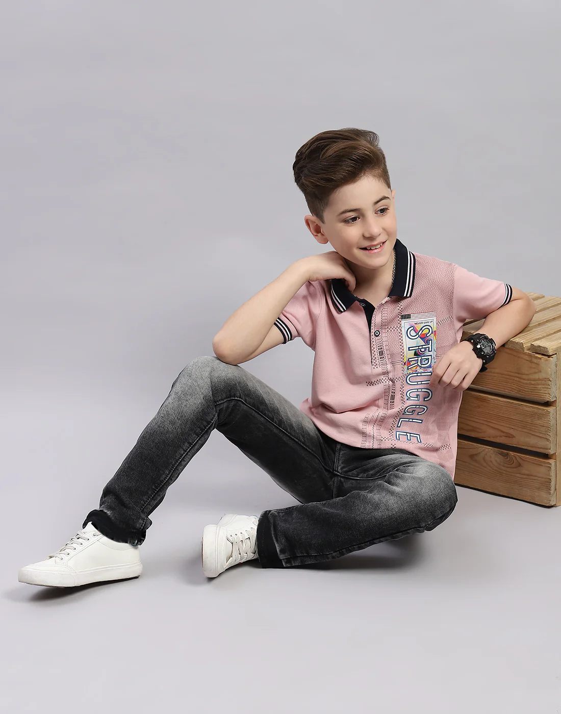Boys Pink Printed Polo Collar Half Sleeve T-Shirt - Image 2