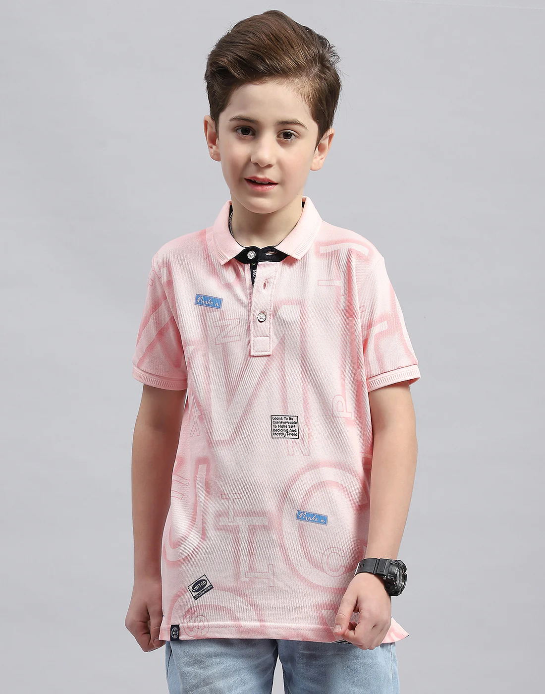 Boys Pink Printed Polo Collar Half Sleeve T-Shirt - Image 2