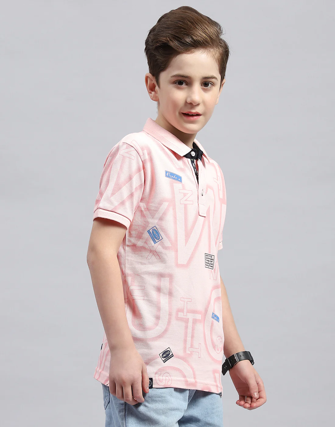 Boys Pink Printed Polo Collar Half Sleeve T-Shirt - Image 4