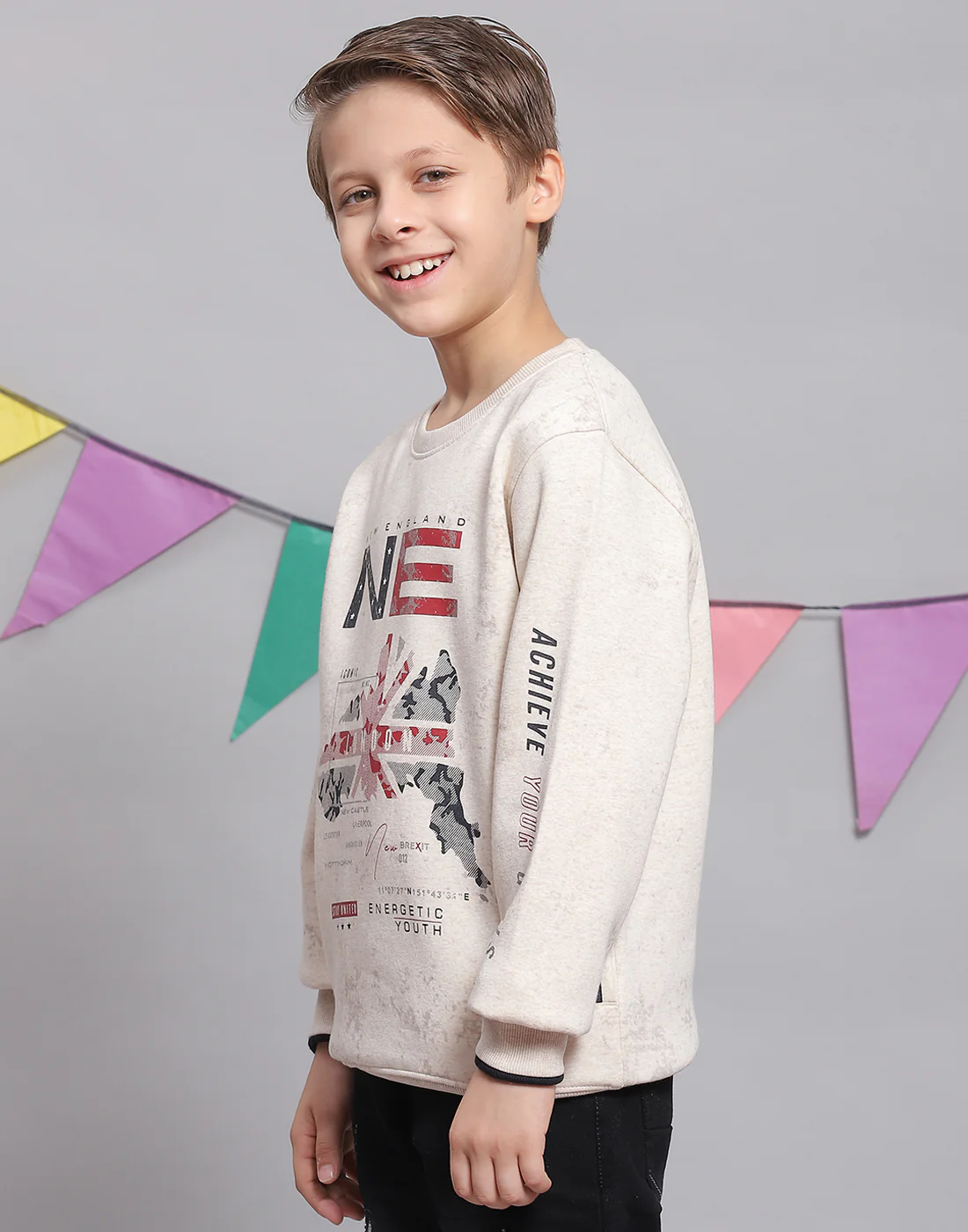 Boys Pink Printed Round Neck Full Sleeve Sweatshirt - Image 3