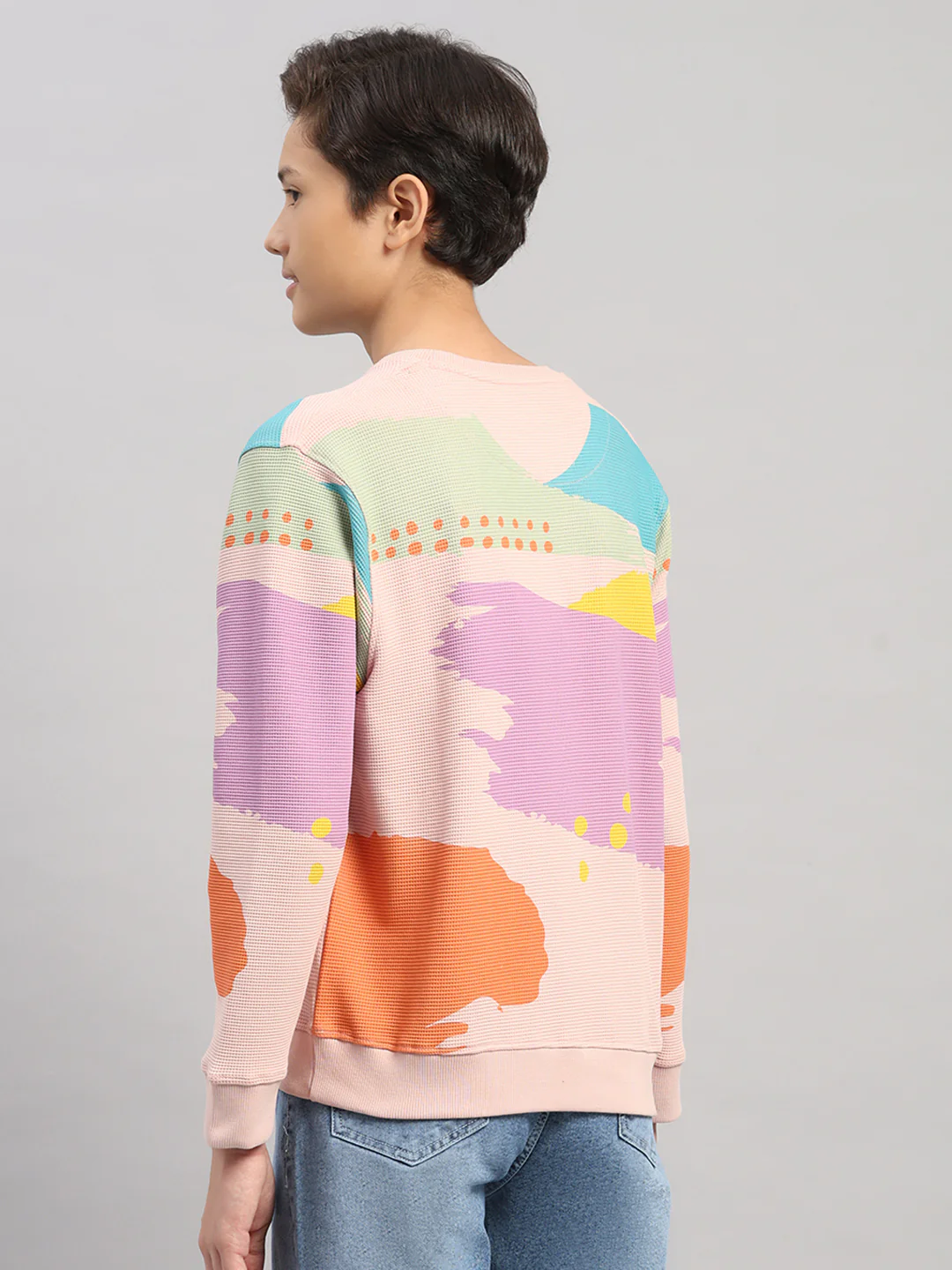 Boys Pink Printed Round Neck Full Sleeve Sweatshirt - Image 5