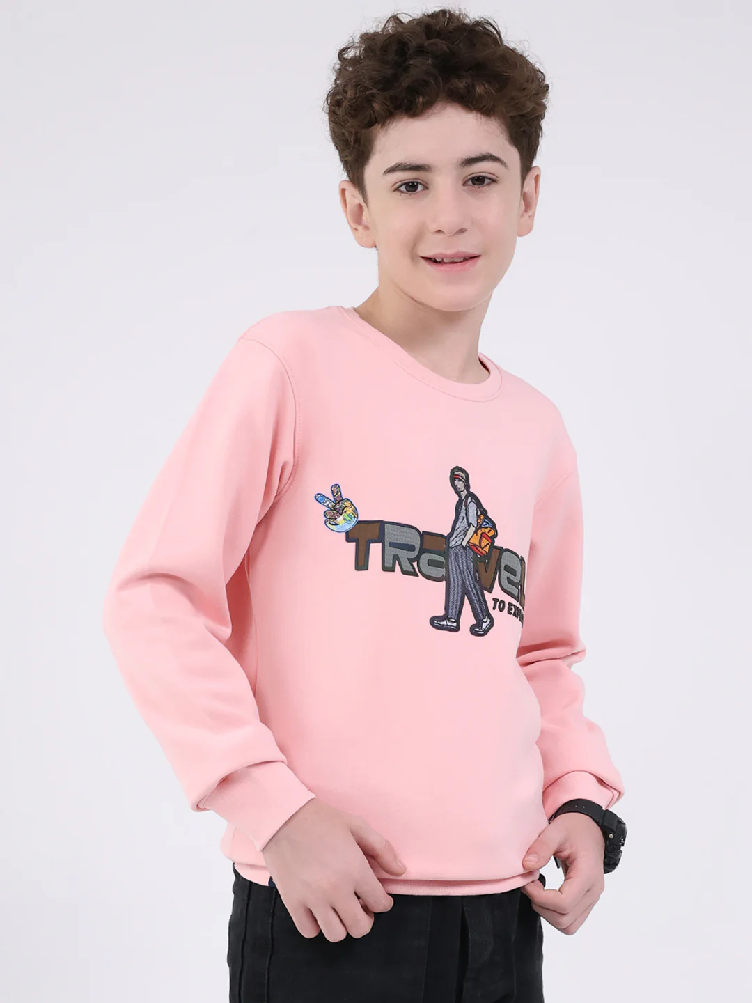 Boys Pink Printed Round Neck Full Sleeve Sweatshirt - Image 4