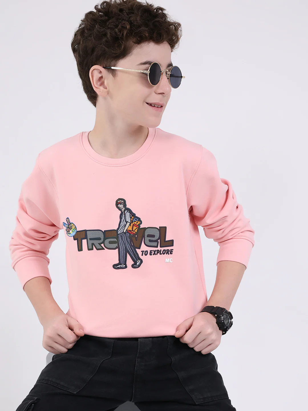 Boys Pink Printed Round Neck Full Sleeve Sweatshirt - Image 6