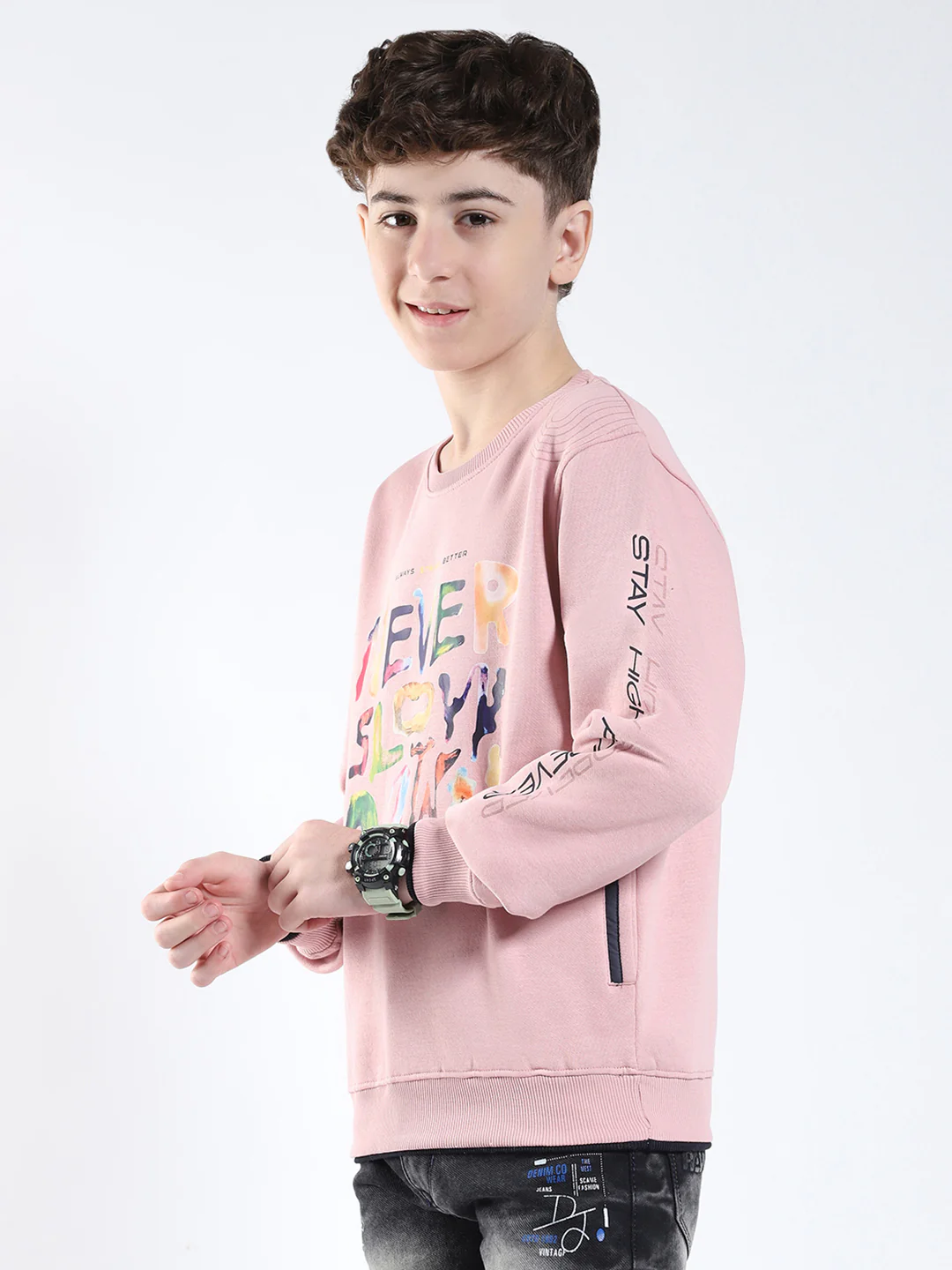 Boys Pink Printed Round Neck Full Sleeve Sweatshirt - Image 3