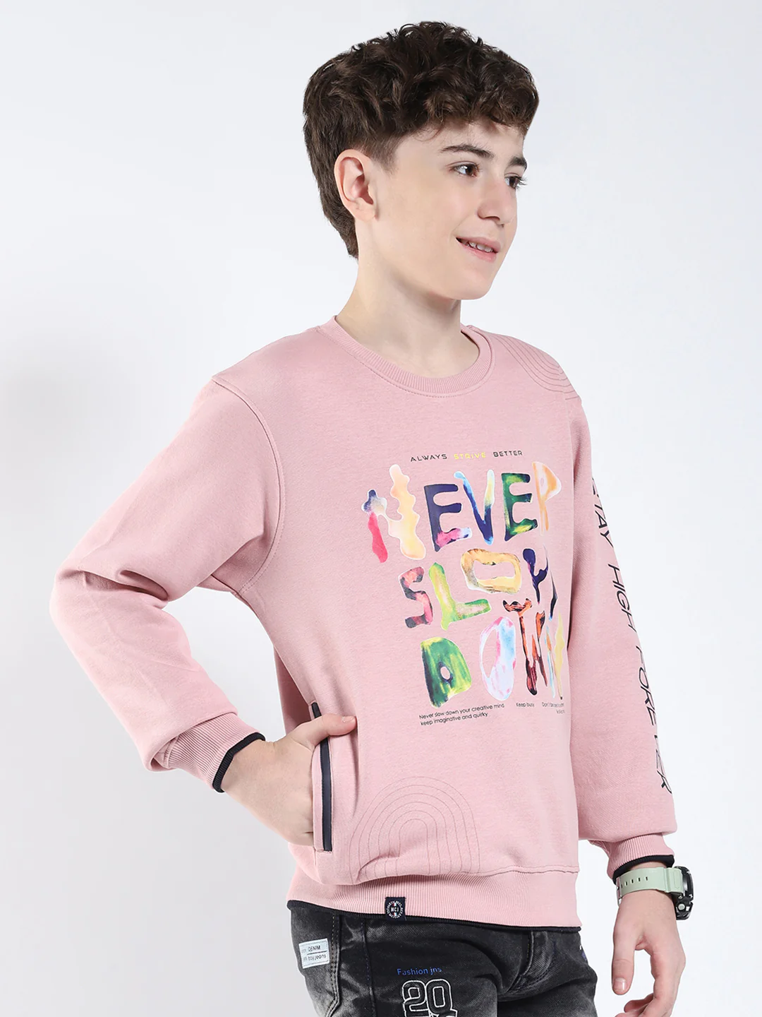 Boys Pink Printed Round Neck Full Sleeve Sweatshirt - Image 4