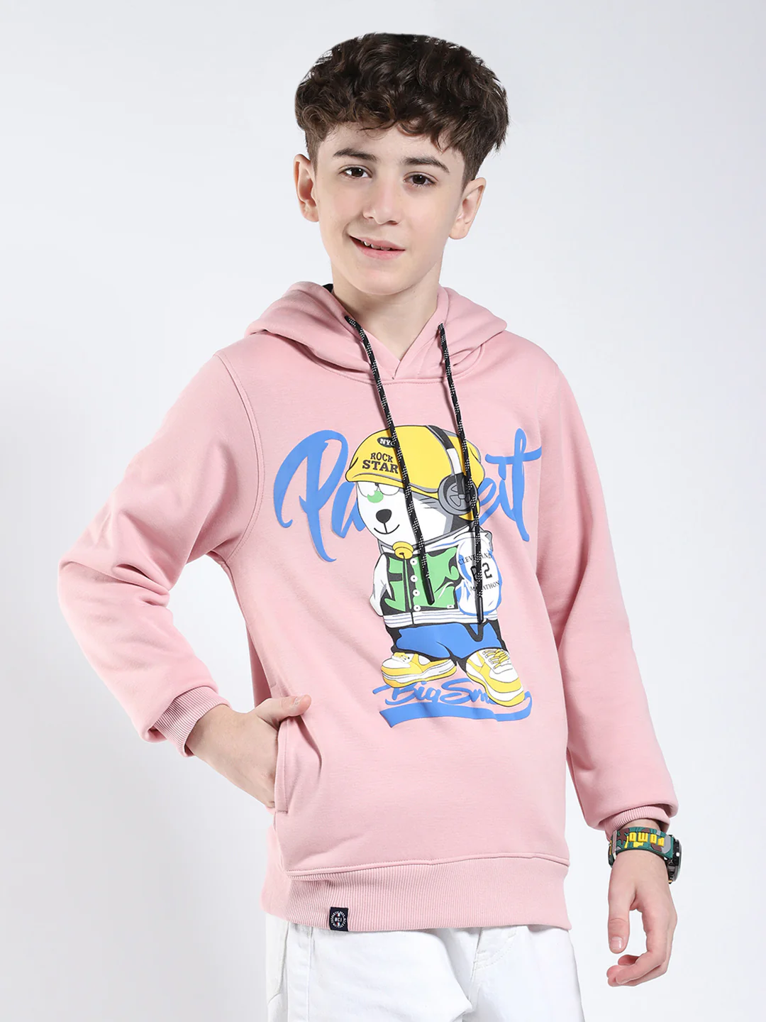 Boys Pink Printed Round Neck Full Sleeve Sweatshirt - Image 4