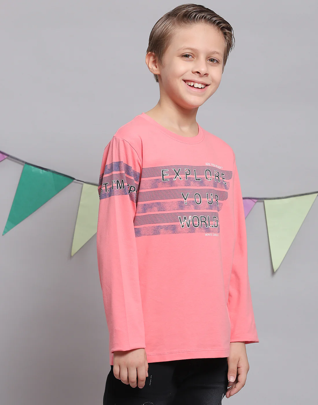 Boys Pink Printed Round Neck Full Sleeve T-Shirts - Image 4