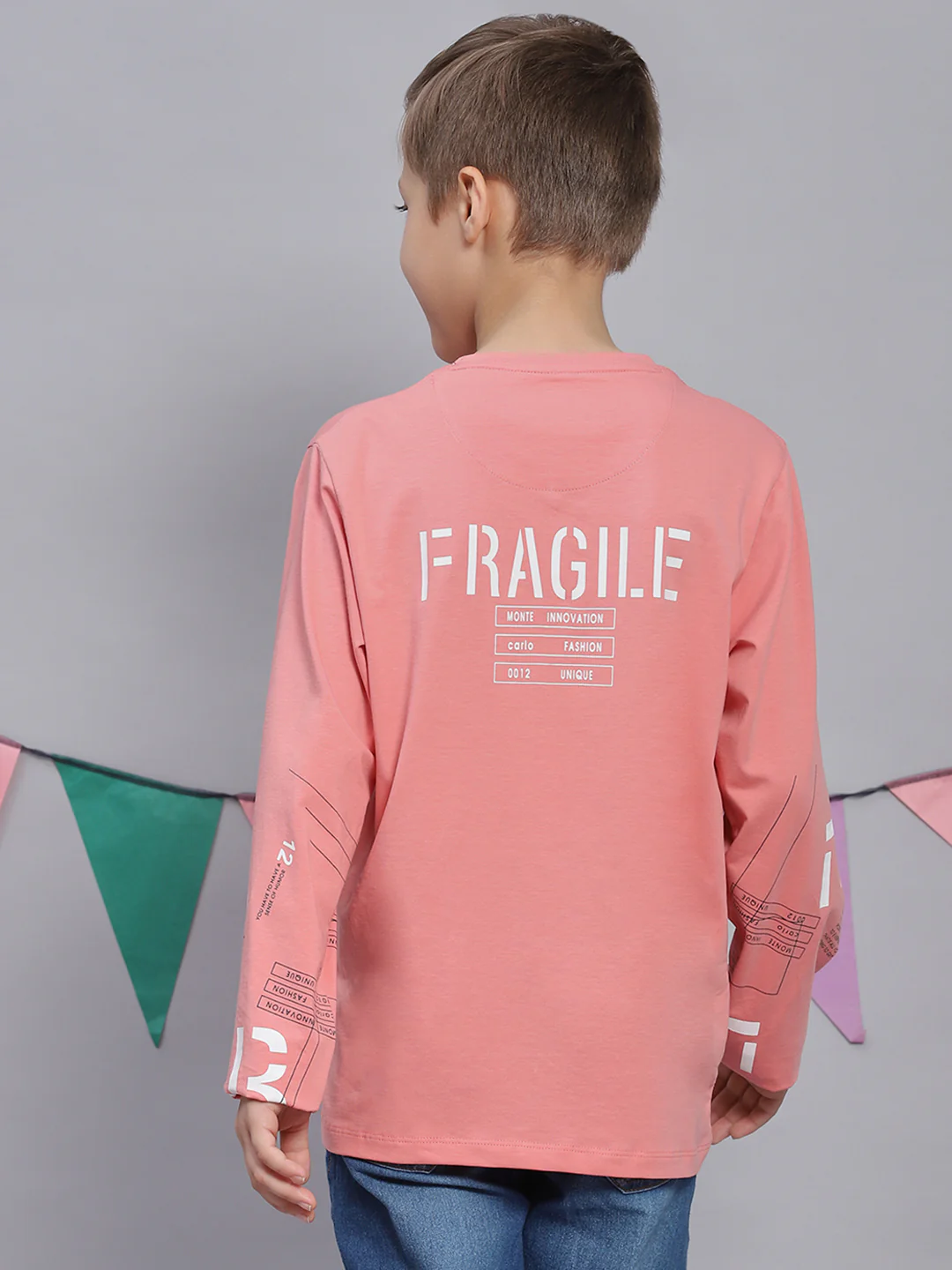 Boys Pink Printed Round Neck Full Sleeve T-Shirts - Image 5