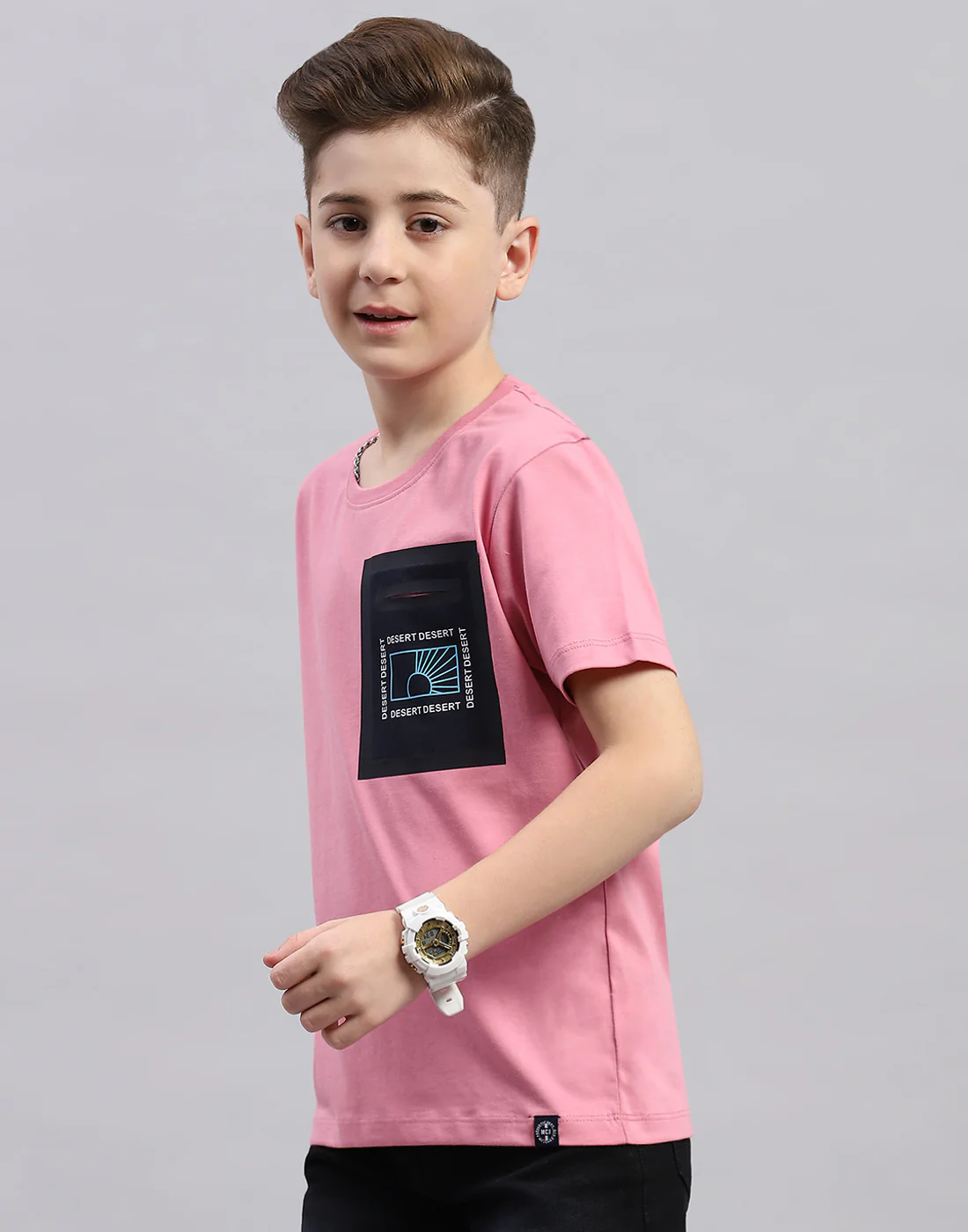 Boys Pink Printed Round Neck Half Sleeve T-Shirt - Image 3