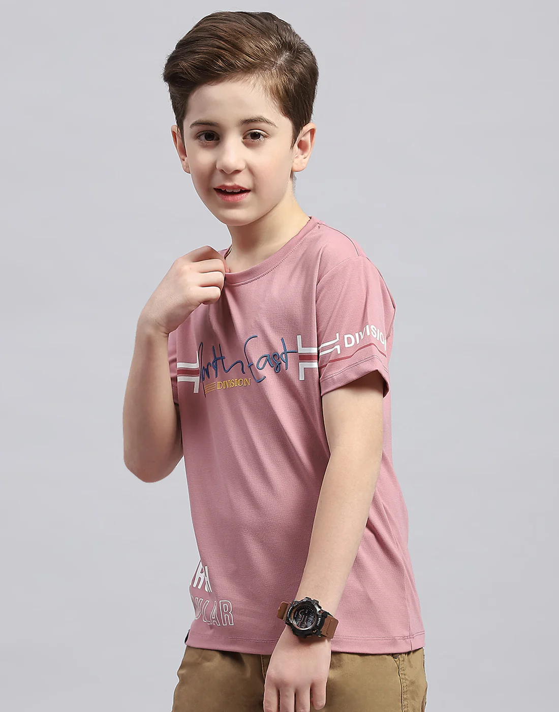 Boys Pink Printed Round Neck Half Sleeve T-Shirt - Image 3