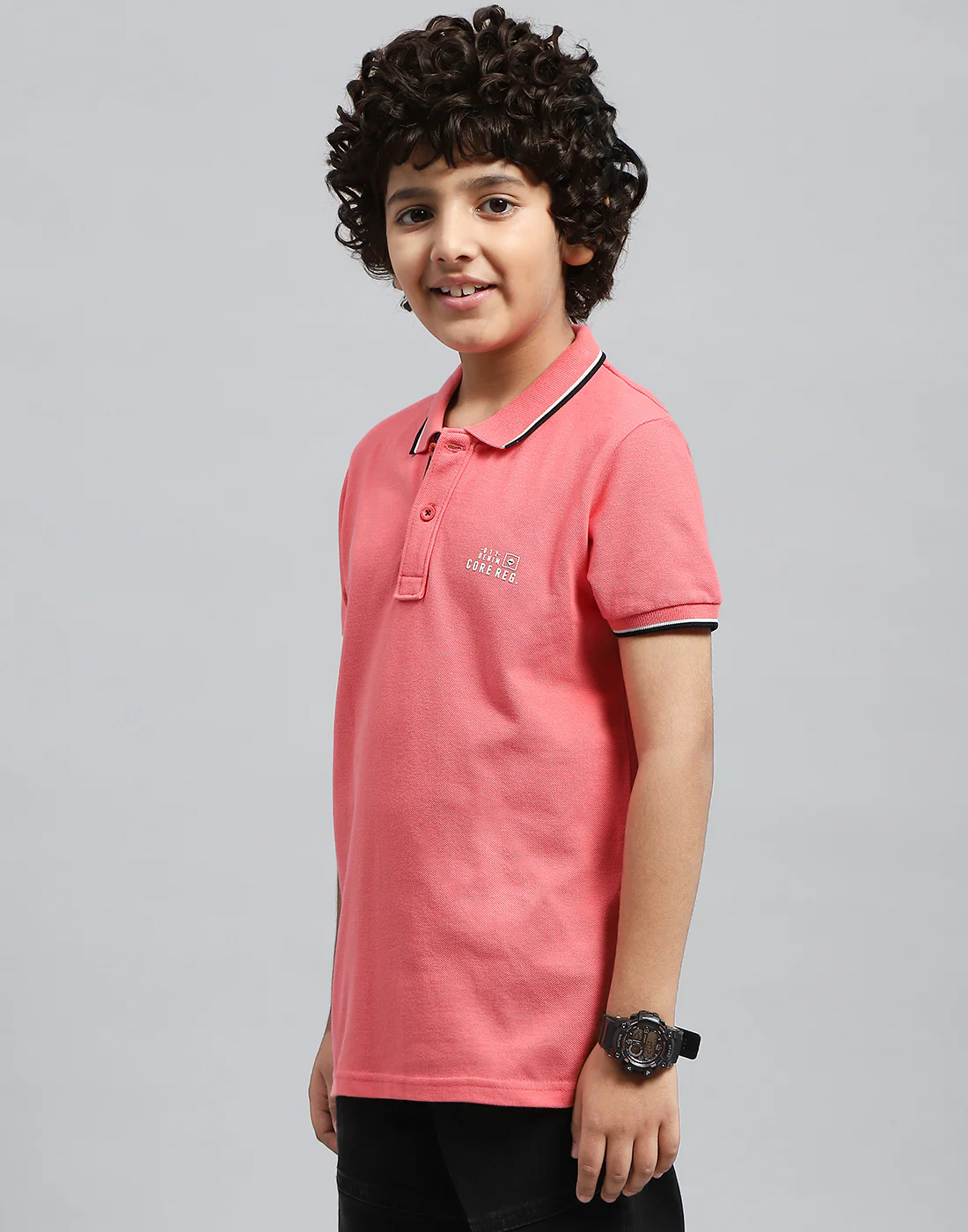 Boys Pink Solid Polo Collar Half Sleeve T-Shirt - Image 3
