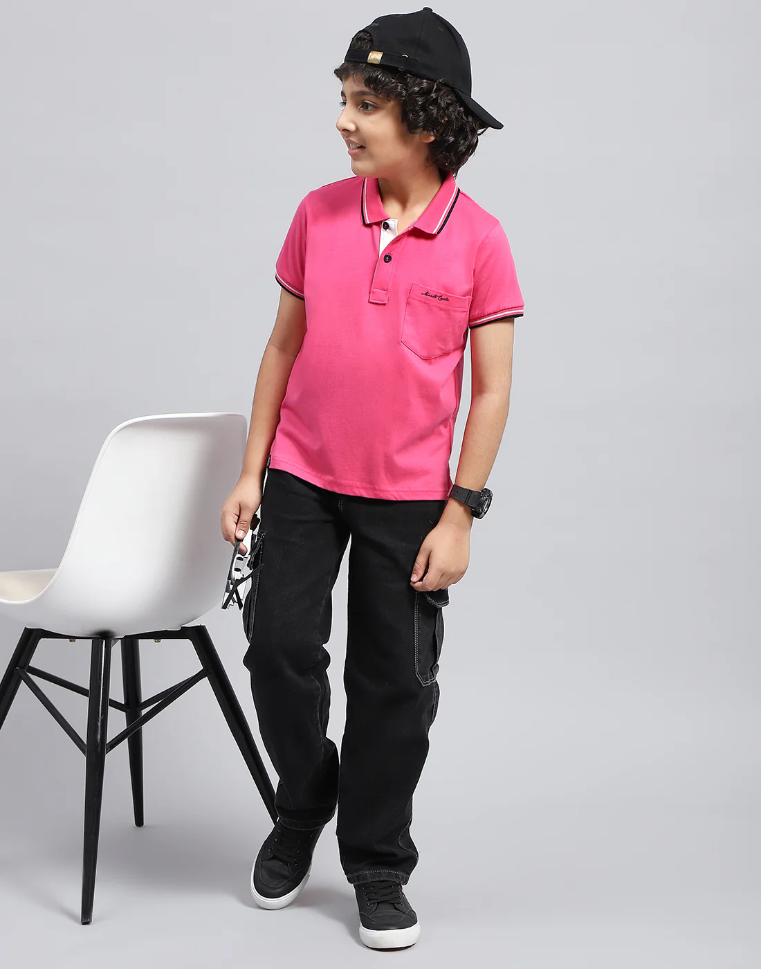Boys Pink Solid Polo Collar Half Sleeve T-Shirt - Image 2