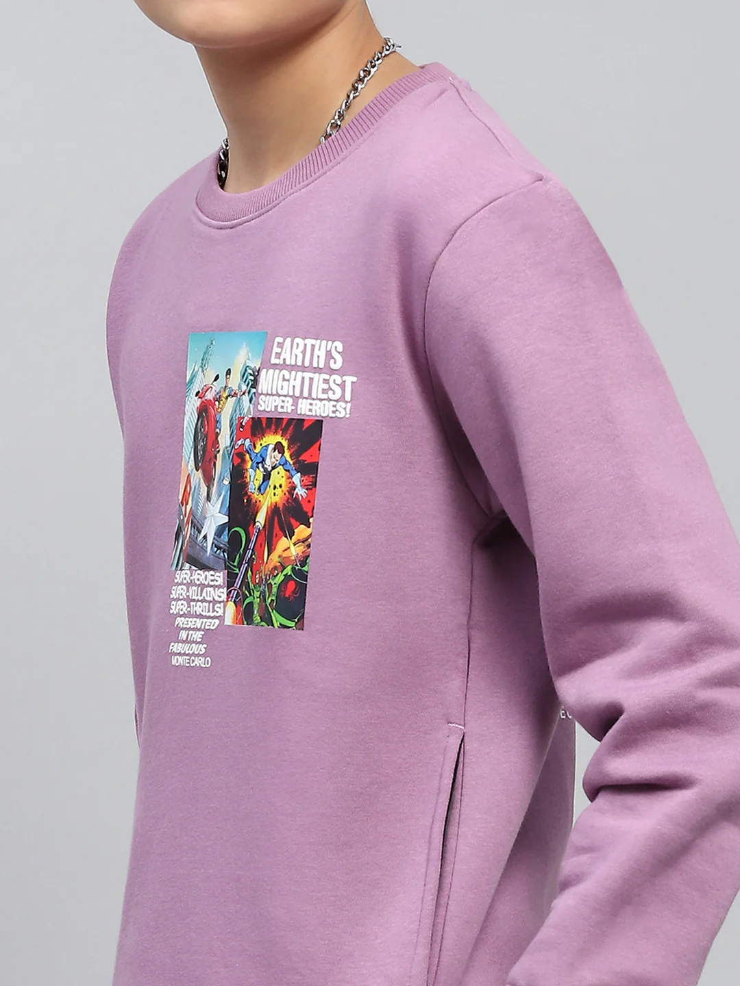 Boys Purple Printed Round Neck Full Sleeve Sweatshirt - Image 6