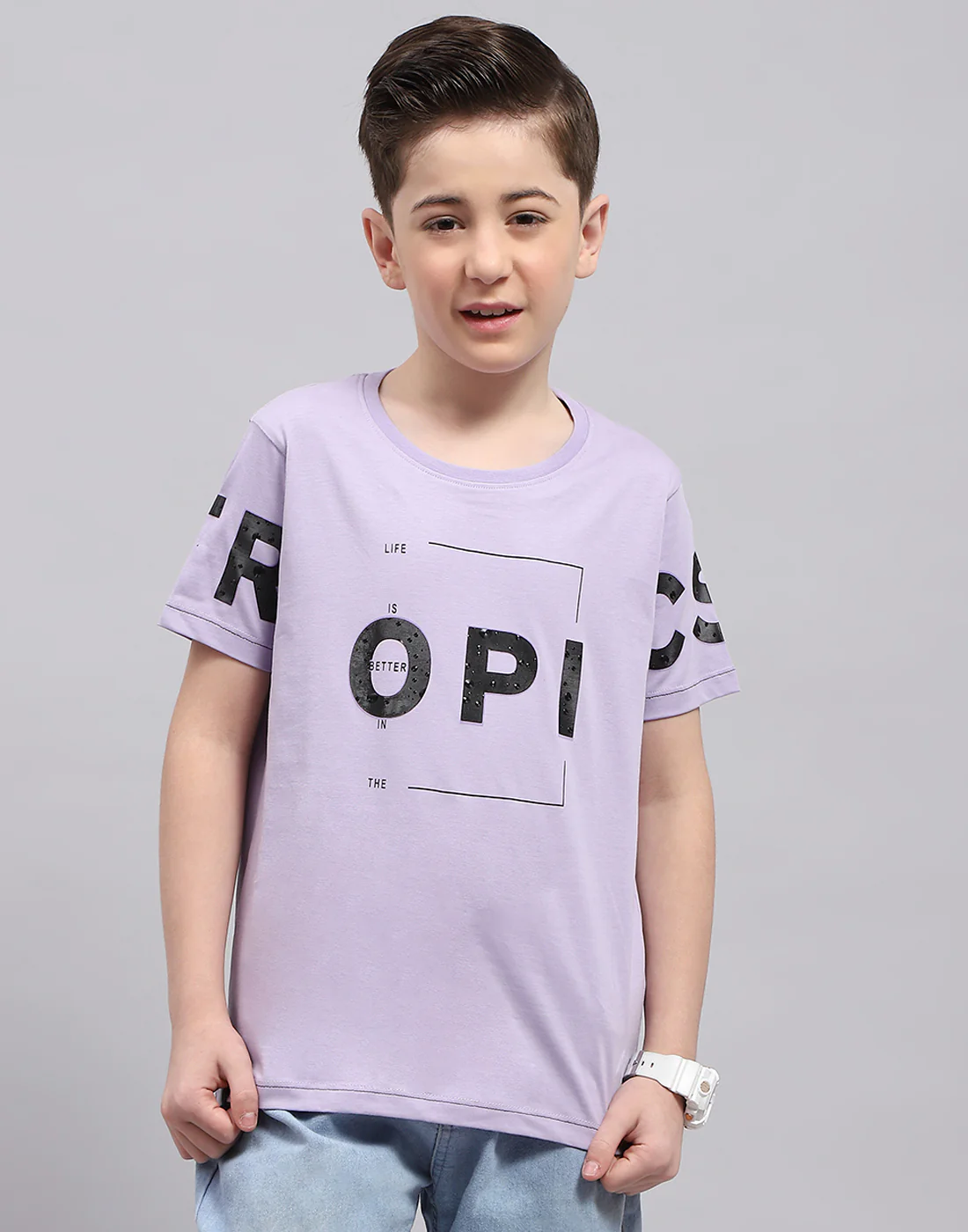 Boys Purple Printed Round Neck Half Sleeve T-Shirt - Image 2