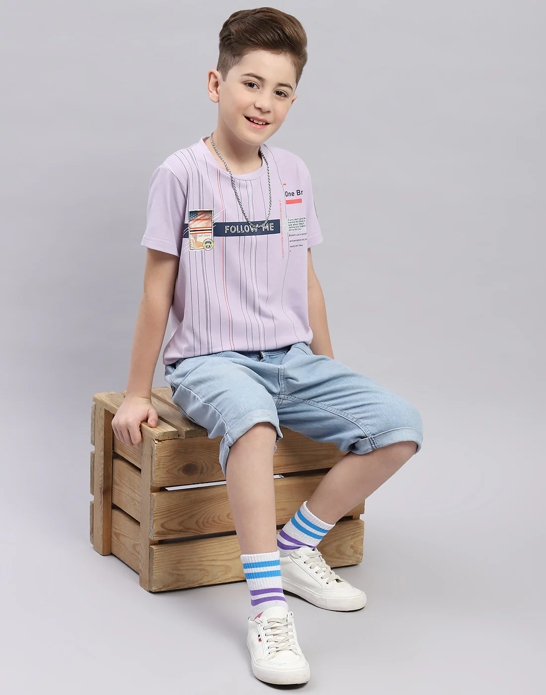 Boys Purple Printed Round Neck Half Sleeve T-Shirt - Image 2