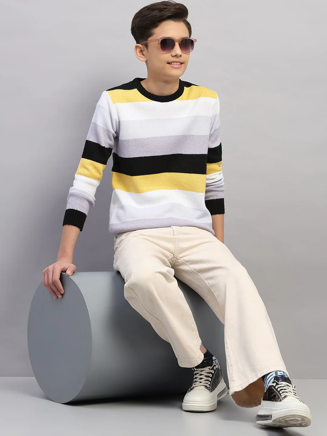 Boys Purple Stripe Round Neck Full Sleeve Pullover - Image 2