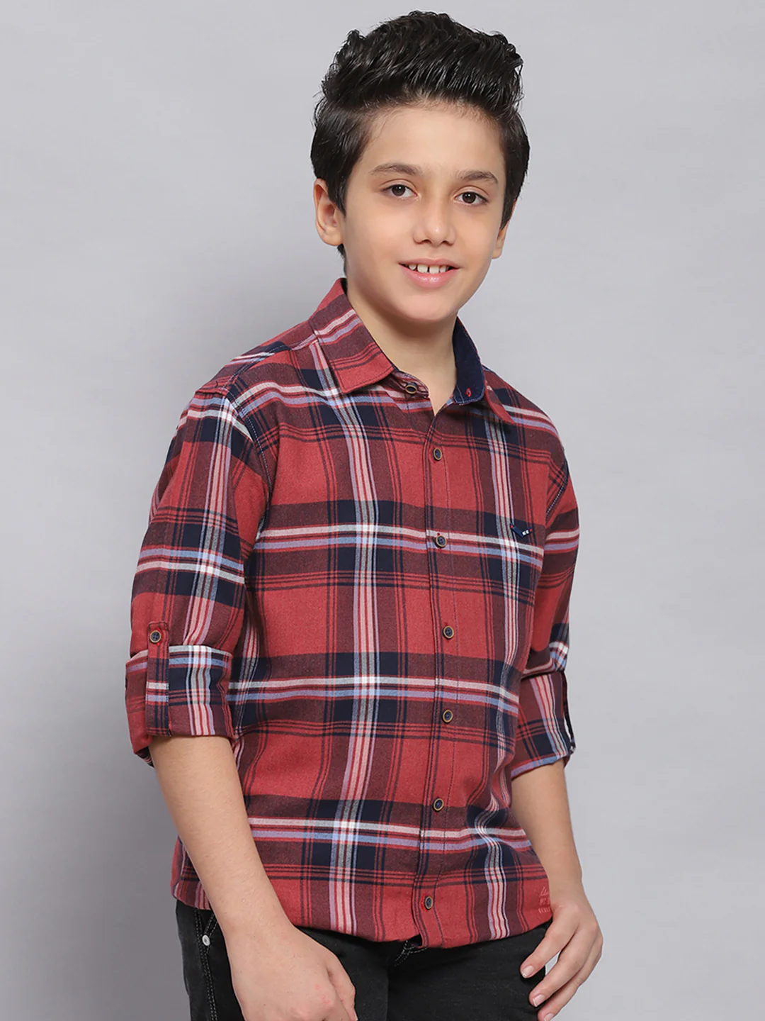 Boys Red Check Spread Collar Full Sleeve Shirts - Image 4