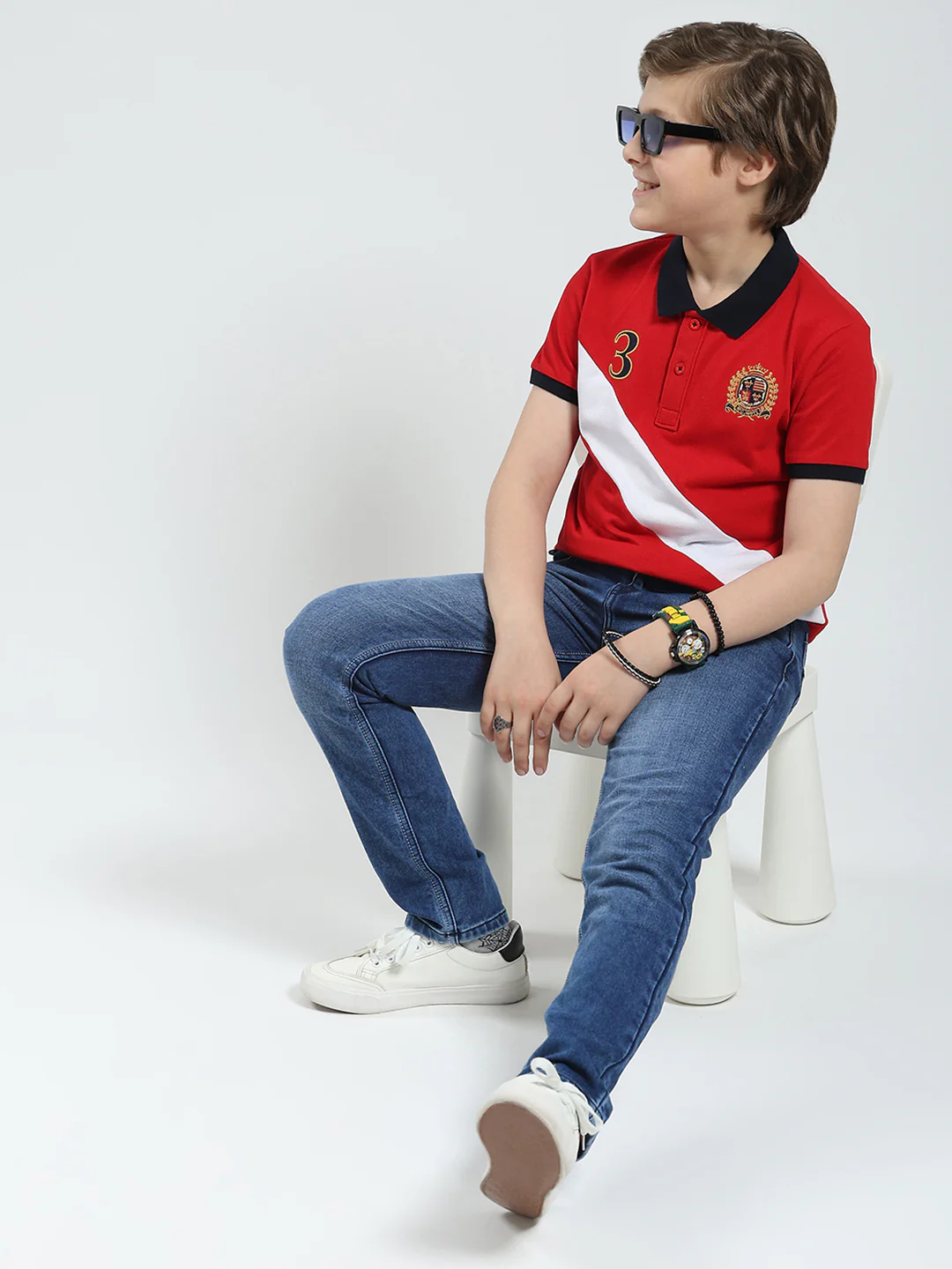 Boys Red Printed Collar Half Sleeve T-Shirt - Image 2