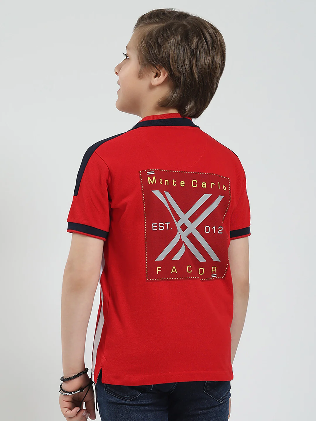 Boys Red Printed Collar Half Sleeve T-Shirt - Image 5
