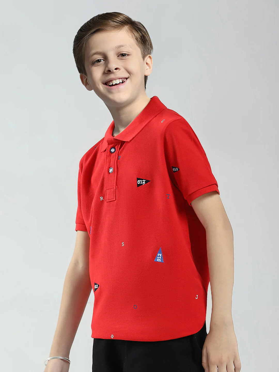 Boys Red Printed Collar Half Sleeve T-Shirt - Image 3