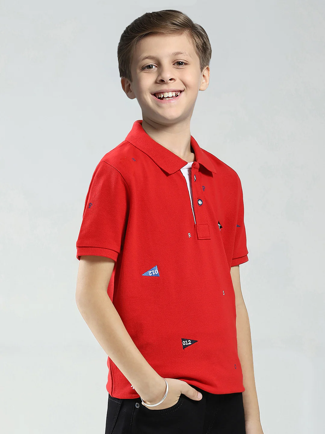 Boys Red Printed Collar Half Sleeve T-Shirt - Image 4