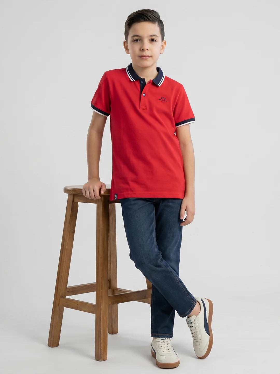 Boys Red Printed Collar Half Sleeve T-Shirt - Image 5