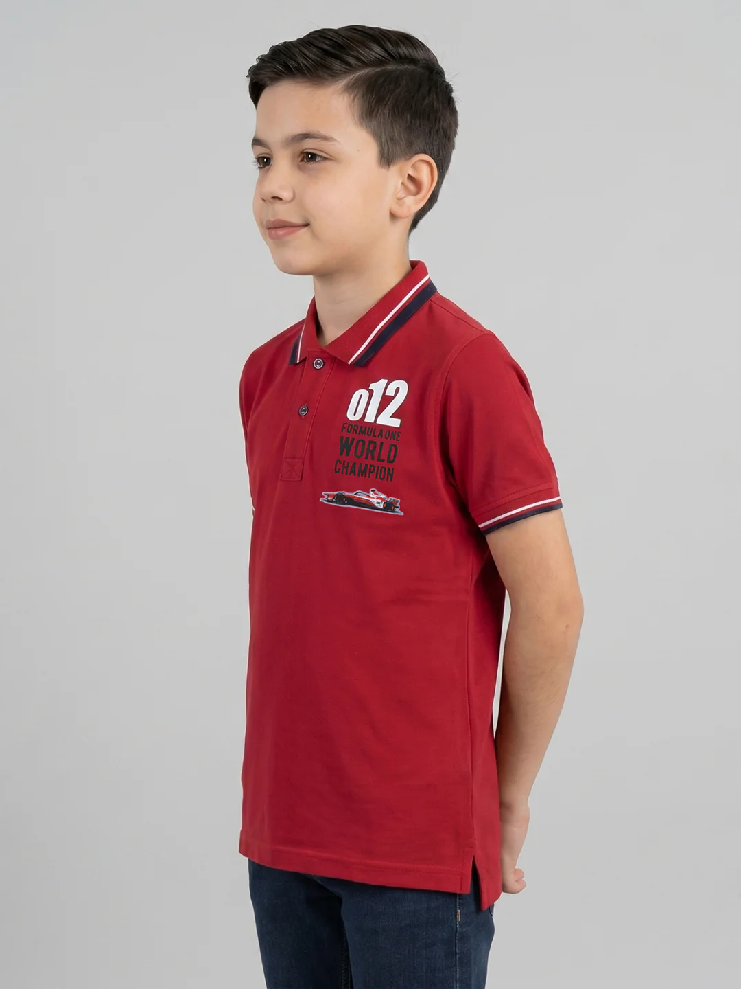 Boys Red Printed Collar Half Sleeve T-Shirt - Image 2